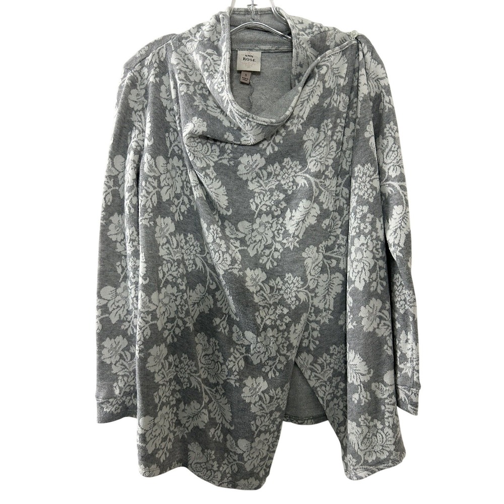 Knox Rose‎ Womens Grey Floral Jacquard Draped Cowl Neck Cardigan Sweater Small